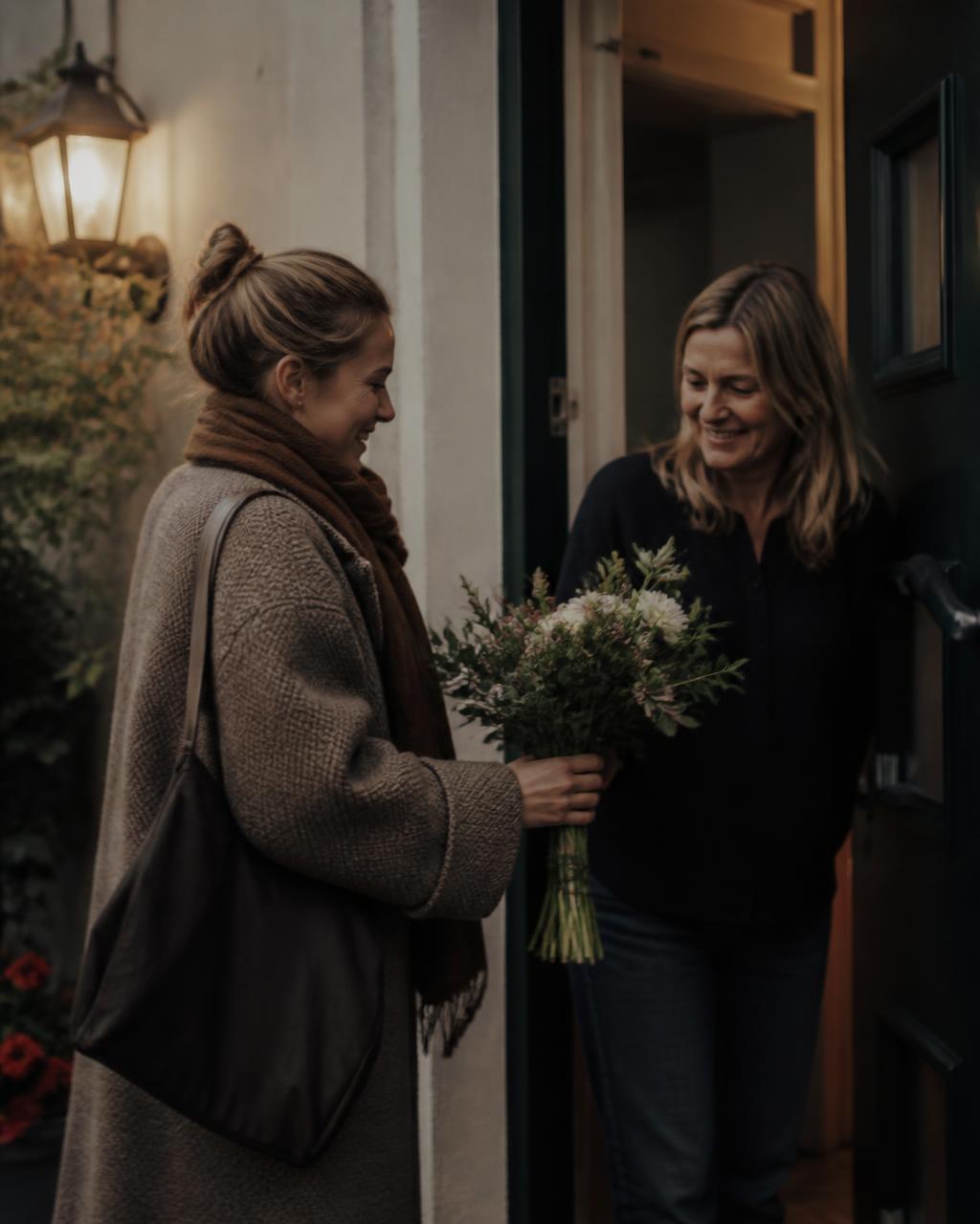 The same woman handing a bouquet to her mother in warm evening light
